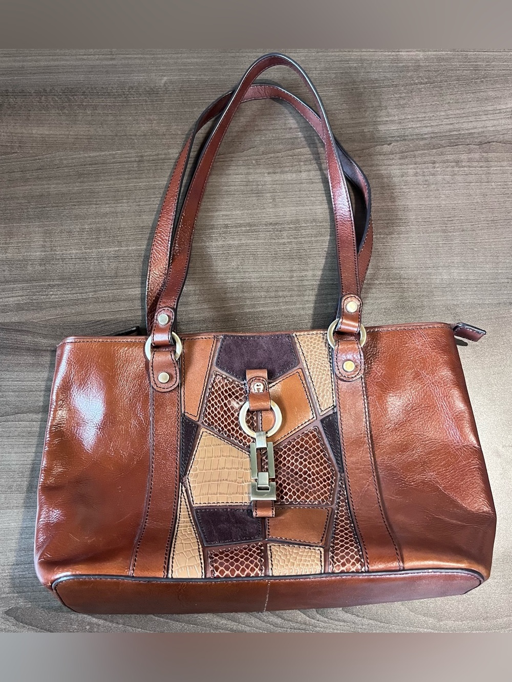Etienne Aigner vintage patchwork brown leather tote bag 2000s Y2K